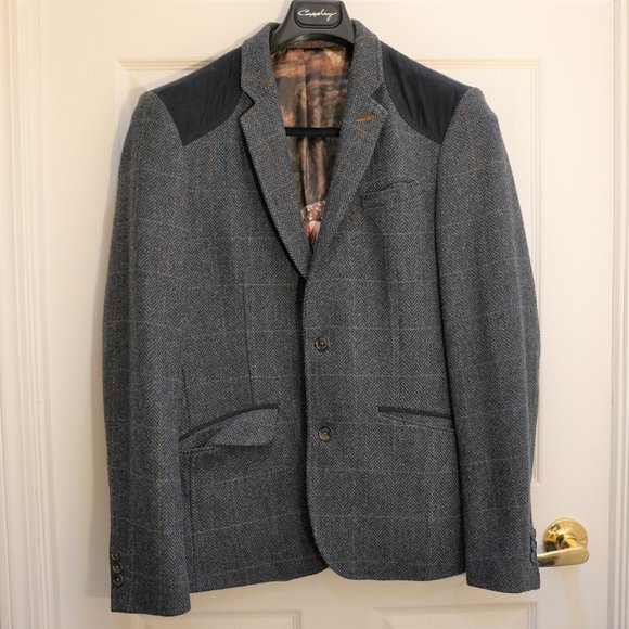 Ted Baker Men's Notch Lapel Single Breasted Tweed Blazer Jacket Gray Size 3 - Picture 2 of 5